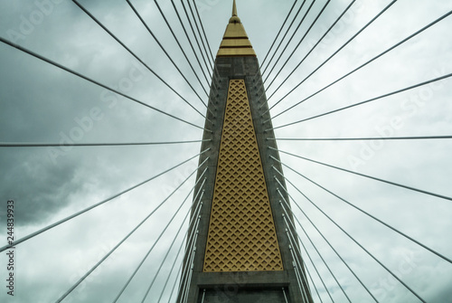 Beautiful suspension bridge poles are fastened by steel wire ropes in Bangkok province of Thailand