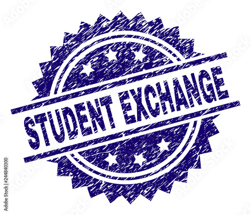 STUDENT EXCHANGE stamp seal watermark with distress style. Blue vector rubber print of STUDENT EXCHANGE label with unclean texture.