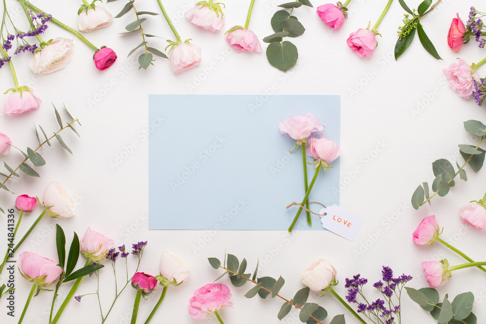 Beautiful colored ranunculus flowers on a white background.Spring greeting card.
