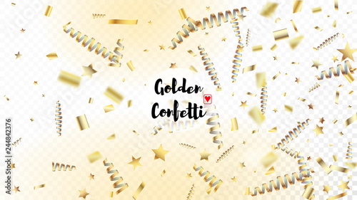 Modern Realistic Gold Tinsel Confetti, Flying Foil Blast. Horizontal Magic Glitter Background. Cool Rich VIP Christmas, New Year, Birthday Party Holiday Border. Realistic Gold Tinsel Confetti