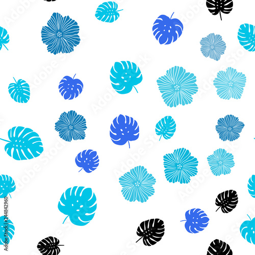 Light BLUE vector seamless natural pattern with flowers, leaves.