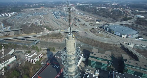 Aerial circling of YLE Pasila's TV tower in Helsinki, Finland. photo