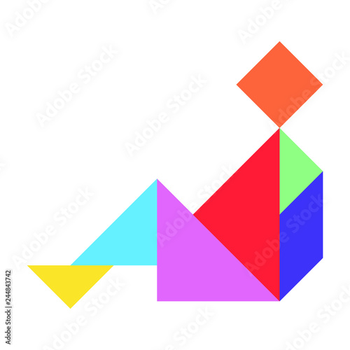 Color tangram puzzle in sitting man shape on white background (vector)