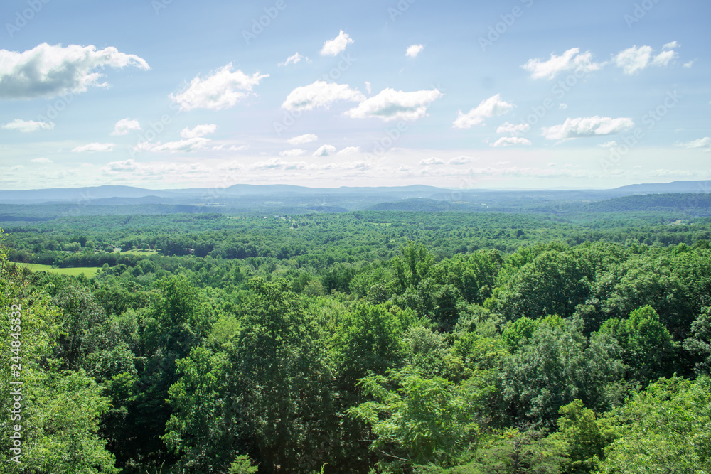 Aerial Photo of a Forest in the Countryside - with a Long Stretch of Green Trees, Patches of Farmland and Mountains in the Distance on a Bright, Summer Day in the Appalachian United States