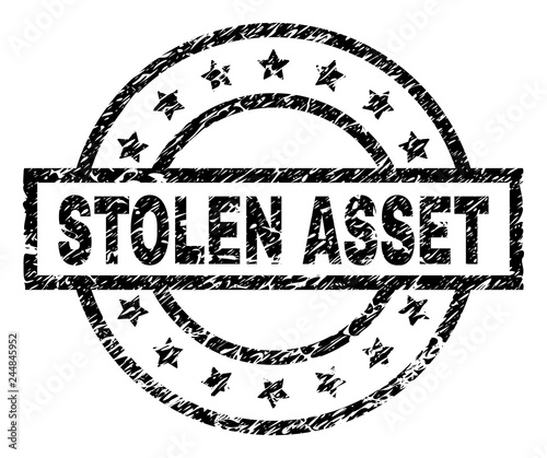 STOLEN ASSET stamp seal watermark with distress style. Designed with rectangle, circles and stars. Black vector rubber print of STOLEN ASSET caption with scratched texture.