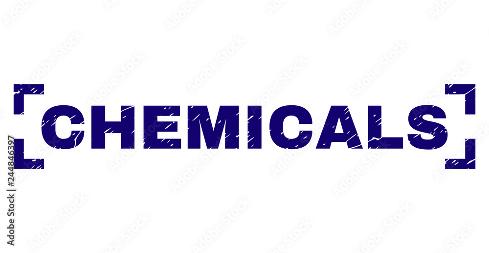 CHEMICALS label seal print with grunge style. Text label is placed inside corners. Blue vector rubber print of CHEMICALS with unclean texture.