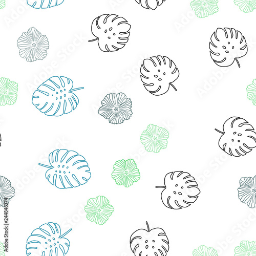 Light Blue, Green vector seamless natural background with flowers, leaves.