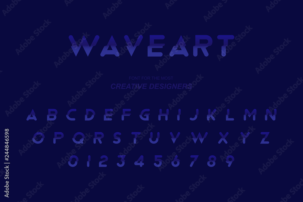 Wave original bold font alphabet letters and numbers for creative design template for logo. Flat illustration EPS10