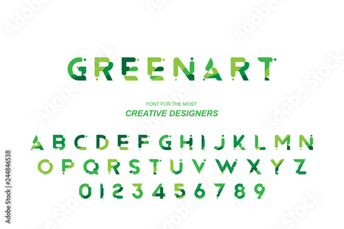 Green Eco original bold font alphabet letters and numbers for creative design template for logo. Flat illustration EPS10
