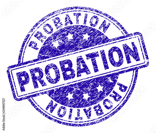 PROBATION stamp seal watermark with grunge texture. Designed with rounded rectangles and circles. Blue vector rubber print of PROBATION caption with scratched texture.