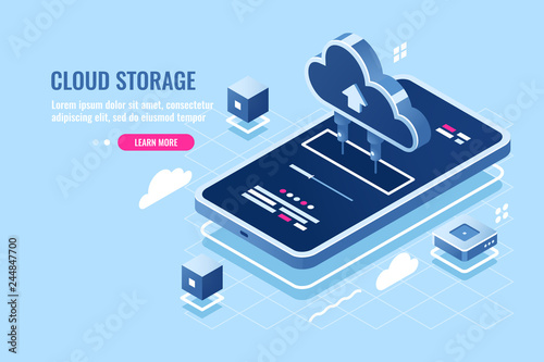 Mobile application isometric icon, download file on smartphone from cloud server storage, safety remote data backup, cloud calculation power flat vector illustration blue