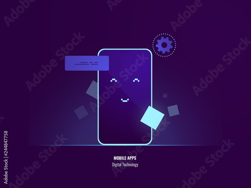Mobile phone greeting, happy face on screen of smartphone, smiling, digital technology, mobile application flat vector illustration dark neon