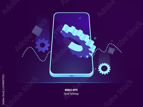 Mobile apps development, application installing and update concept, smartphone setting, big gear in screen of mobile phone, 3d isometric vector