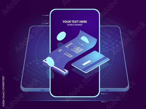 Isometric icon of electron payment, pay receipt with credit card, online bank security, blockchain and cryptocurrency, mobile application