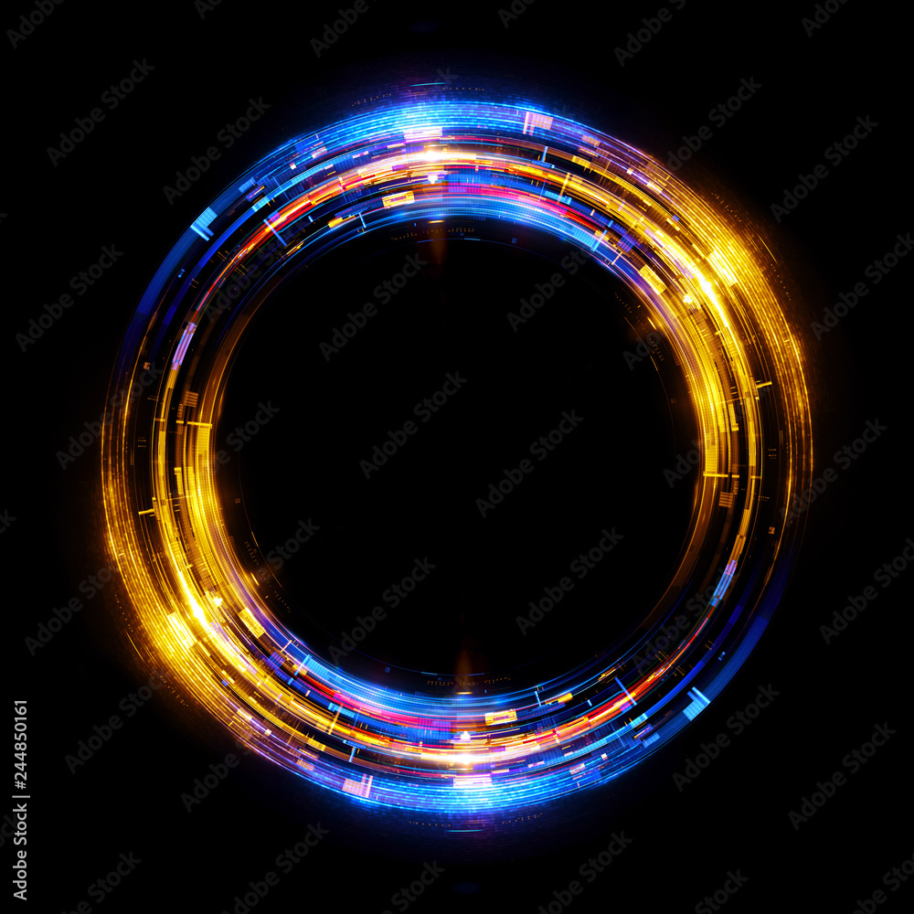 Vivid abstract background. Beautiful design of rotation frame.  .Mystical portal. Bright sphere lens. Rotating lines. Glow ring. .Magic neon ball. Led blurred swirl. Spiral glint lines. - obrazy, fototapety, plakaty 