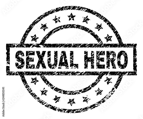SEXUAL HERO stamp seal watermark with distress style. Designed with rectangle, circles and stars. Black vector rubber print of SEXUAL HERO title with corroded texture.