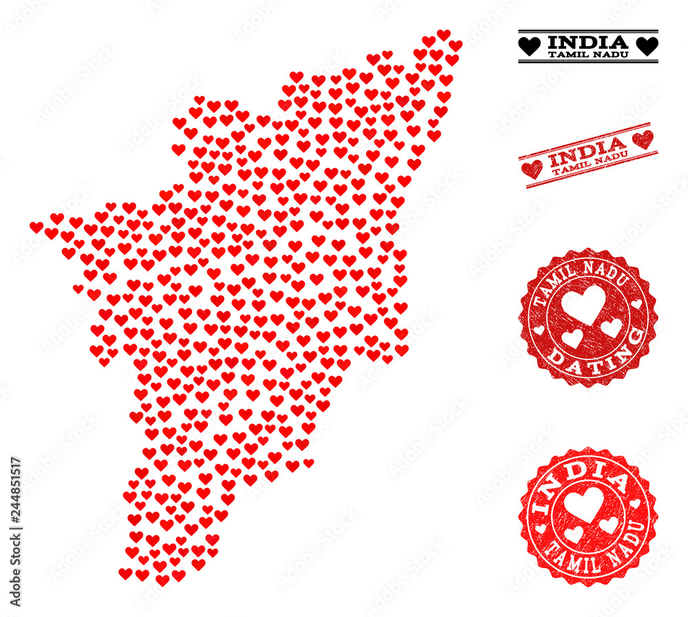 Tamil Nadu State Map Collage Map Of Tamil Nadu State Designed With Red Love Hearts, And Rubber  Stamp Seals For