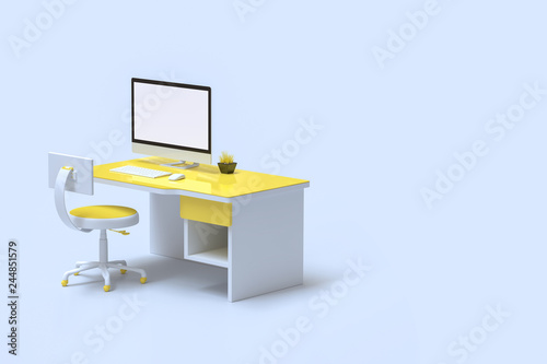 Minimal idea concept, computer mock-up on work desk yellow color