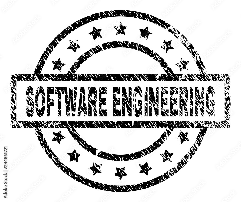 SOFTWARE ENGINEERING stamp seal watermark with distress style. Designed with rectangle, circles and stars. Black vector rubber print of SOFTWARE ENGINEERING title with corroded texture.