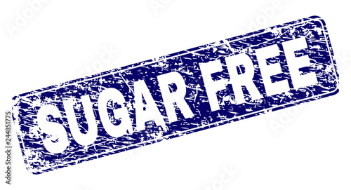 SUGAR FREE stamp seal print with grunge style. Seal shape is a rounded rectangle with frame. Blue vector rubber print of SUGAR FREE caption with dust style.