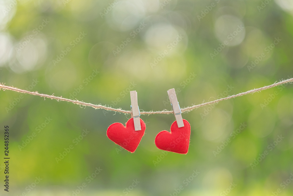 couple Red heart shape decoration hanging on line with copy space for text on green nature background. Love, Wedding Romantic and Happy Valentine’ s day holiday concept couple Red heart shape decoration hanging on line with copy space for text on green nature background. Love, Wedding Romantic and Happy Valentine’ s day holiday concept
