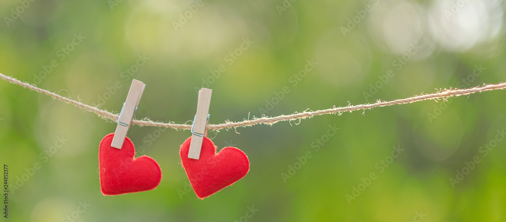 couple Red heart shape decoration hanging on line with copy space for text on green nature background. Love, Wedding Romantic and Happy Valentine’ s day holiday concept couple Red heart shape decoration hanging on line with copy space for text on green nature background. Love, Wedding Romantic and Happy Valentine’ s day holiday concept