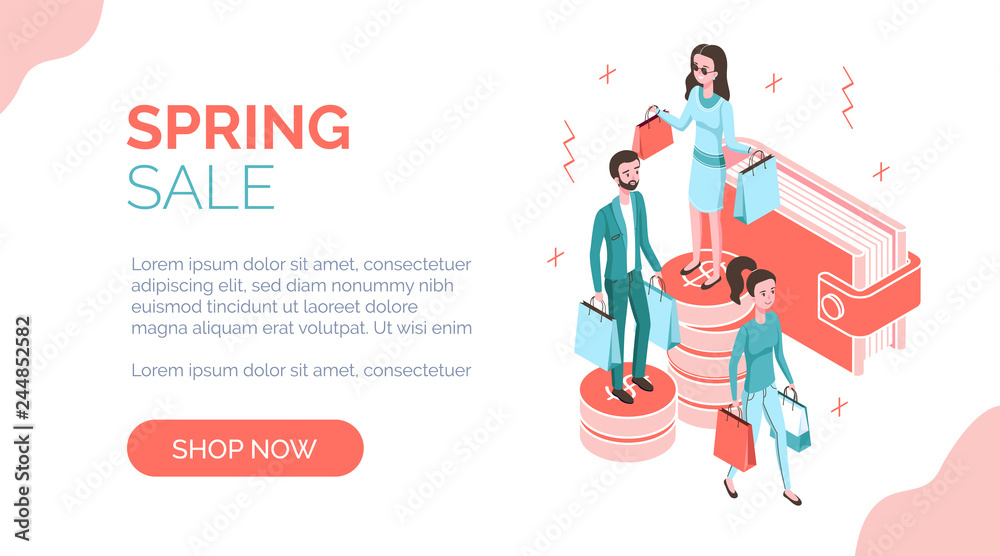 Modern isometric people characters with goods purchases,landing page template web online shopping concept.Isometrics icons spring sale banner design template Modern isometric people characters with goods purchases,landing page template web online shopping concept.Isometrics icons spring sale banner design template