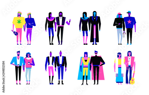 Colorful flat line characters subculture music genre apparel style concept.Flat people outfit styles diversity-hipster hip hop rap punk hippie rock metal goth reggae genres on white background