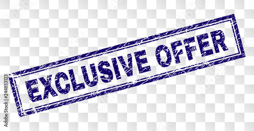 EXCLUSIVE OFFER stamp seal print with rubber print style and double framed rectangle shape. Stamp is placed on a transparent background.