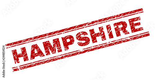 HAMPSHIRE seal print with distress texture. Red vector rubber print of HAMPSHIRE label with unclean texture. Text label is placed between double parallel lines.