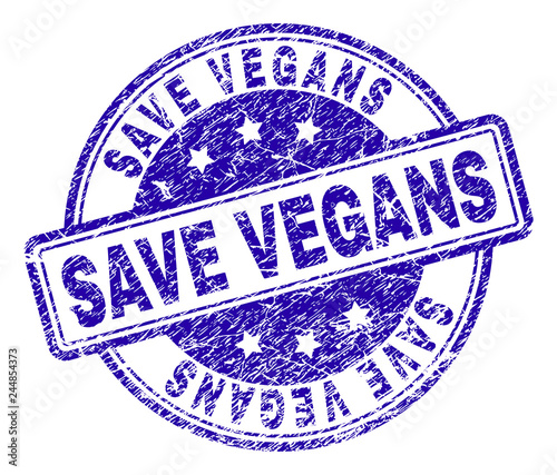 SAVE VEGANS stamp seal watermark with distress texture. Designed with rounded rectangles and circles. Blue vector rubber print of SAVE VEGANS title with dust texture.