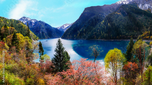 Fototapeta Naklejka Na Ścianę i Meble -  The panoramic colorful scenery of the long lake and forest at Jiuzhaigou national park, world heritage site located in Sichuan Province China