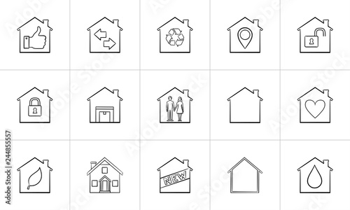 Houses hand drawn outline doodle icon set. Outline doodle icon set for print, web, mobile and infographics. Real estate, mortgage, home vector sketch illustration set isolated on white background.