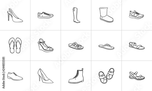 Footwear hand drawn outline doodle icon set. Outline doodle icon set for print, web, mobile and infographics. Fashion, style, shoe shop vector sketch illustration set isolated on white background.