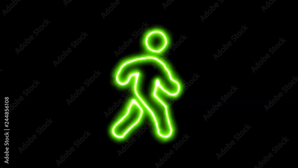 The appearance of the green neon symbol walking. Flicker, In - Out. Alpha channel Premultiplied - Matted with color black The appearance of the green neon symbol walking. Flicker, In - Out. Alpha channel Premultiplied - Matted with color black