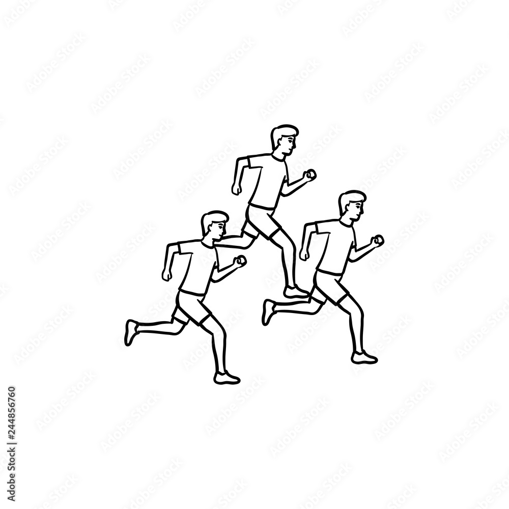 Tree men running marathon hand drawn outline doodle icon. Marathon, fitness and healthy lifestyle concept. Vector sketch illustration for print, web, mobile and infographics on white background. Tree men running marathon hand drawn outline doodle icon. Marathon, fitness and healthy lifestyle concept. Vector sketch illustration for print, web, mobile and infographics on white background.