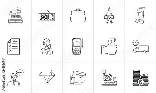 Shopping and paying hand drawn outline doodle icon set. Outline doodle icon set for print, web, mobile and infographics. E-commerce, market vector sketch illustration set isolated on white background.