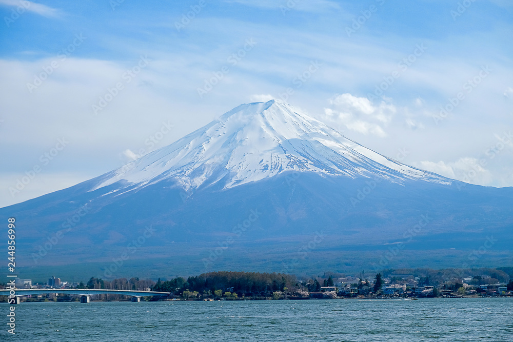 Fuji mountain with snow capped in the morning Sunrise at Lake kawaguchiko, Yamanashi, Japan. landmark and popular for tourist attractions