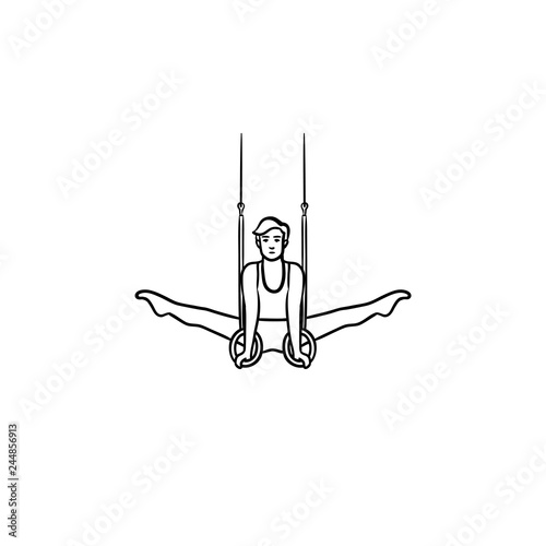 Gymnast doing split on rings hand drawn outline doodle icon. Athletic sportsman, professional gymnast concept. Vector sketch illustration for print, web, mobile and infographics on white background.
