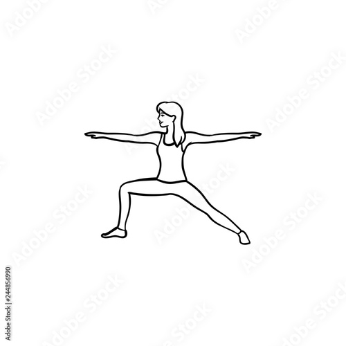 Woman doing yoga in warrior pose hand drawn outline doodle icon. Wellness, healthy lifestyle, yoga poses concept. Vector sketch illustration for print, web, mobile and infographics on white background