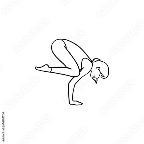 Woman doing yoga in crow pose hand drawn outline doodle icon. Fitness yoga and gym  balancing  health concept. Vector sketch illustration for print  web  mobile and infographics on white background.