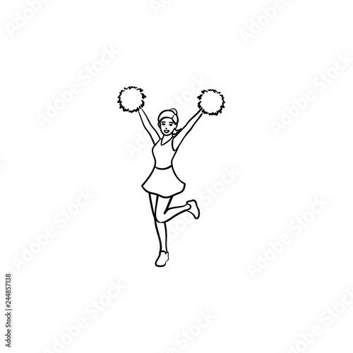 Cheerleader girl jumping with hands up waving pompoms hand drawn outline doodle icon. Female performing concept. Vector sketch illustration for print, web, mobile and infographics on white background.