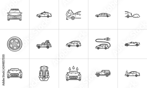 Car hand drawn outline doodle icon set. Outline doodle icon set for print, web, mobile and infographics. Electric and police car, repair vector sketch illustration set isolated on white background.