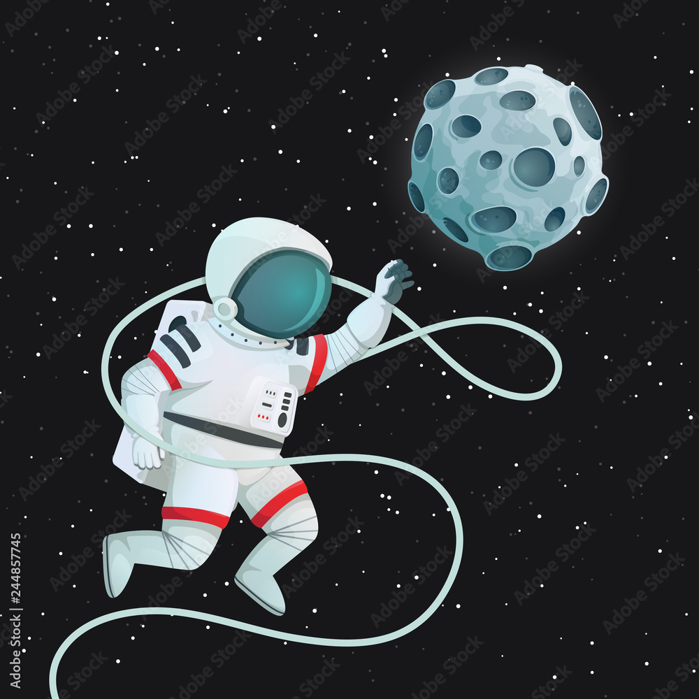 Astronaut with tether flying with one hand outstretched reaching for the Moon. Astronaut with tether flying with one hand outstretched reaching for the Moon.