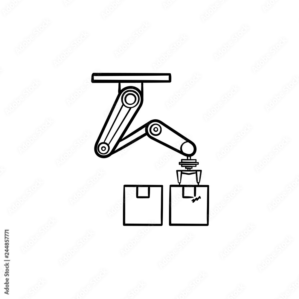 Robotic arm picks a box in manufacturing process hand drawn outline doodle icon. Production belt, factory robot. Vector sketch illustration for print, web, mobile and infographics on white background. Robotic arm picks a box in manufacturing process hand drawn outline doodle icon. Production belt, factory robot. Vector sketch illustration for print, web, mobile and infographics on white background.