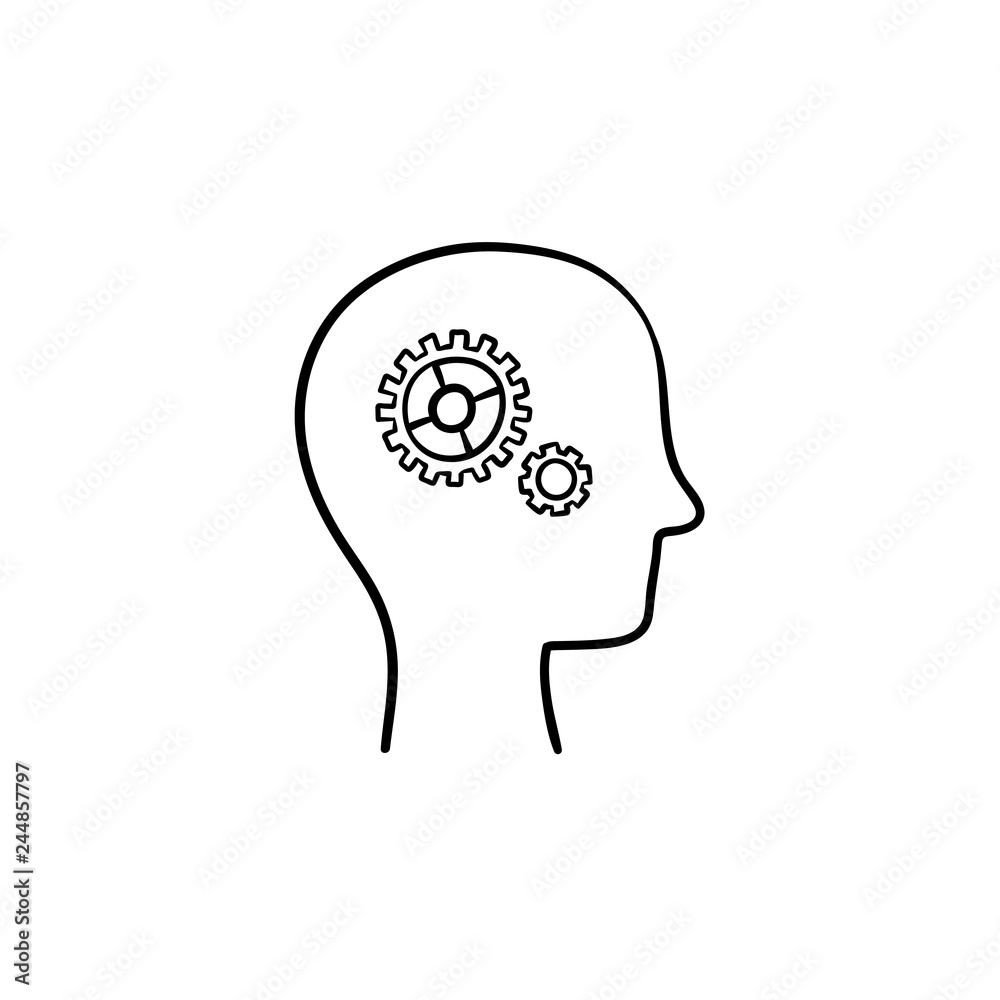 Human head with gears hand drawn outline doodle icon. Brain activity and functioning, thinking and idea concept. Vector sketch illustration for print, web, mobile and infographics on white background