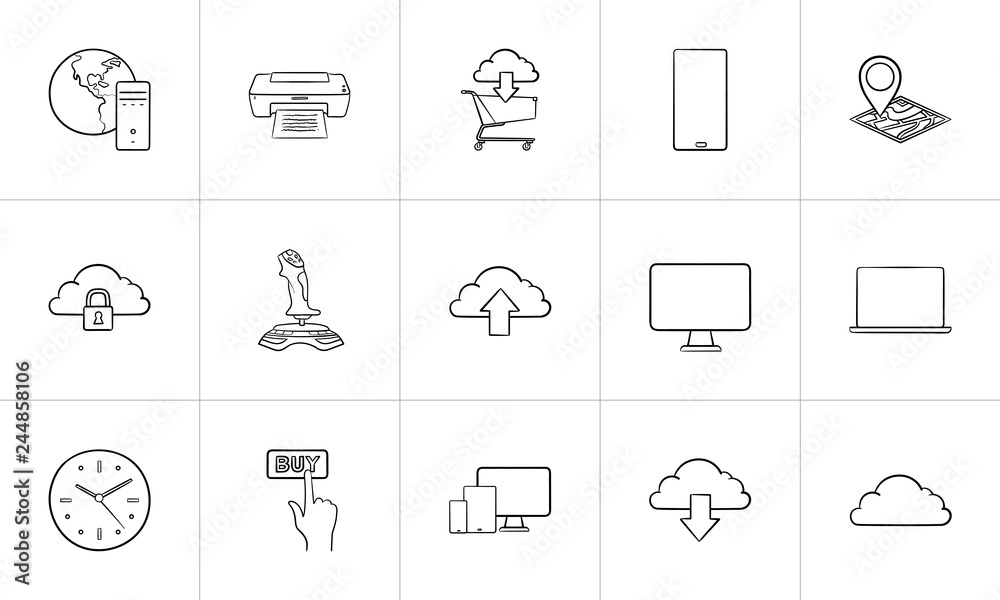 Cloud technology and devices hand drawn outline doodle icon set ...