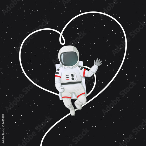 Astronaut floating and waving a hand with his tether outlining the shape of a heart