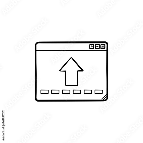Browser window with arrow up hand drawn outline doodle icon. Website and information storage, upload concept. Vector sketch illustration for print, web, mobile and infographics on white background.