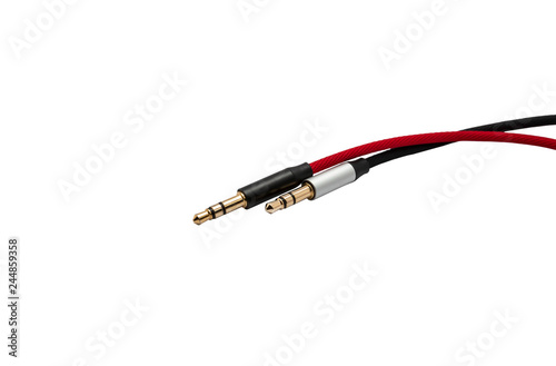 Red and black aux audio cable isolated on white background. File contains with clipping path.